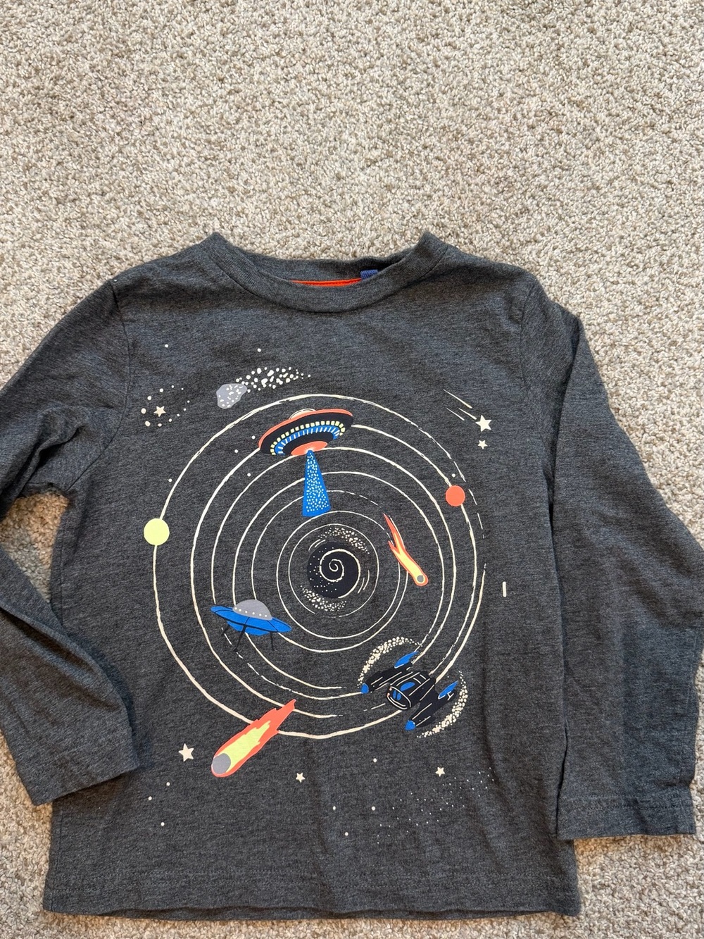 Mini Boden Charcoal Long Sleeve Tee with Colorful Space Orbit Graphic